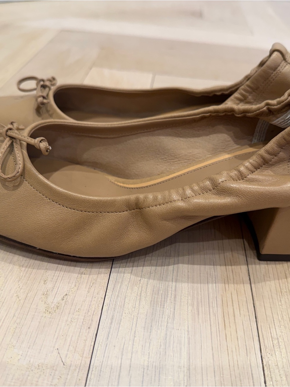 Rouje Nude Leather Bow Flats with Low Block Heel